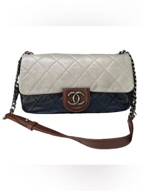 CHANEL Quilted Two-Tone Crossbody Bag in silver, navy, brown